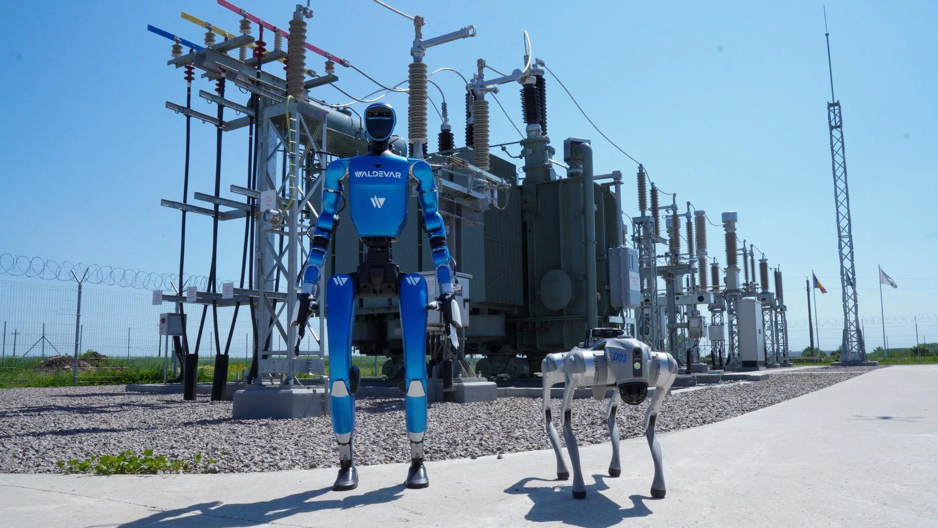 Humanoid and quadruped robots inspecting a substation